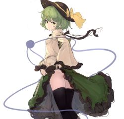 Rule 34 | 1girl, ass, black hat, black thighhighs, bow, breasts, closed mouth, clothes lift, feet out of frame, frilled skirt, frilled sleeves, frills, from behind, green eyes, green hair, green skirt, hat, hat bow, highres, juliet sleeves, komeiji koishi, lifting own clothes, long skirt, long sleeves, looking at viewer, looking back, lumo 1121, panties, puffy sleeves, shirt, short hair, simple background, sketch, skirt, skirt lift, small breasts, smile, solo, standing, thighhighs, third eye, touhou, underwear, upskirt, white background, white panties, wide sleeves, yellow bow, yellow shirt