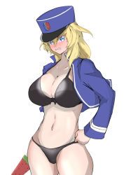 Rule 34 | 1girl, absurdres, bc freedom (emblem), bc freedom military uniform, bikini, black bikini, blonde hair, blue eyes, blue hat, blue jacket, blush, bow, bow bikini, breasts, cleavage, commentary request, cowboy shot, emblem, food, frown, girls und panzer, glaring, grimace, groin, hand on own hip, hat, highres, holding, holding food, jacket, kepi, large breasts, long sleeves, looking at viewer, medium hair, messy hair, military, military hat, military uniform, navel, oshida (girls und panzer), partial commentary, popsicle, shibainutank, simple background, solo, standing, swimsuit, uniform, watermelon bar, white background