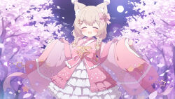 Rule 34 | 1girl, animal ears, bow, braid, cherry blossoms, closed eyes, commission, dress, hair bow, highres, light brown hair, low twin braids, mismatched pupils, original, pink bow, pink dress, red eyes, skeb commission, smile, solo, star-shaped pupils, star (symbol), symbol-shaped pupils, twin braids, tyomimas, upper body, variant set