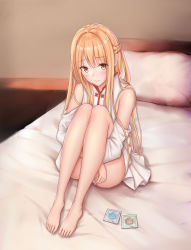 Rule 34 | 1girl, absurdres, artist request, asuna (sao), bare shoulders, barefoot, bed, bed sheet, blonde hair, blush, braid, brown eyes, character request, closed mouth, condom, condom wrapper, crown braid, detached sleeves, eyebrows, french braid, highres, hugging own legs, indoors, knees up, legs together, long hair, looking at viewer, nervous, on bed, panties, pantyshot, pillow, sidelocks, sitting, smile, solo, sword art online, thighs, toes, underwear