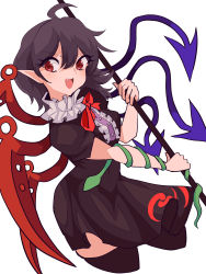 Rule 34 | 1girl, :d, absurdres, ahoge, asymmetrical wings, black dress, black hair, black thighhighs, blue wings, bow, bowtie, center frills, cropped legs, dress, fang, frills, highres, holding, holding polearm, holding weapon, houjuu nue, mugi (mugimugi 9kv), open mouth, pointy ears, polearm, red bow, red bowtie, red eyes, red wings, short hair, simple background, smile, snake armband, solo, thighhighs, touhou, weapon, white background, wings