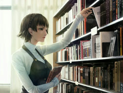 Rule 34 | 10s, 1girl, arm up, black vest, blunt bangs, book, braid, brown eyes, brown hair, carrying, crown braid, curtains, from side, highres, holding, holding book, indoors, library, long sleeves, looking away, namako mikan, niijima makoto, parted lips, persona, persona 5, reaching, revision, short hair, sleeves past wrists, solo, turtleneck, vest, window
