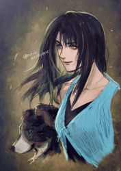 Rule 34 | 1girl, angelo (ff8), black hair, closed mouth, dog, final fantasy, final fantasy viii, highres, long hair, noie (neunteedelstein), rinoa heartilly, simple background, smile, twitter username