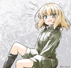 Rule 34 | 1girl, between legs, black footwear, blonde hair, blue eyes, blush, boots, commentary, fang, girls und panzer, green jumpsuit, hand between legs, insignia, jumpsuit, katyusha (girls und panzer), leg up, light blush, looking at viewer, medium hair, notice lines, one-hour drawing challenge, open mouth, pravda military uniform, short jumpsuit, sitting, smile, solo, twitter username, vri (tinder box)