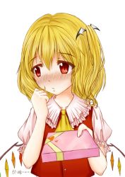 Rule 34 | 1girl, ascot, bat hair ornament, blonde hair, blouse, blush, box, clenched hand, embarrassed, flandre scarlet, gift, gift box, giving, hair ornament, hand up, heart, looking away, mei yang, no headwear, puffy short sleeves, puffy sleeves, red eyes, shirt, short hair, short sleeves, side ponytail, signature, simple background, solo, touhou, upper body, white background, wings