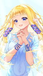 Rule 34 | 1girl, ao haruki, blonde hair, blue eyes, blue ribbon, blunt bangs, bracelet, breasts, dress, hair ribbon, highres, jewelry, long hair, looking at viewer, medium breasts, nintendo, open mouth, own hands clasped, own hands together, pointy ears, princess zelda, ribbon, sidelocks, smile, solo, the legend of zelda, the legend of zelda: skyward sword, upper body, white dress
