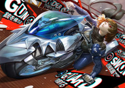 Rule 34 | 10s, 1girl, absurdres, biker clothes, bikesuit, bodysuit, breasts, brown hair, chromatic aberration, clenched hand, closed eyes, driving, english text, floating hair, glowing, glowing eye, highres, incoming attack, incoming punch, joanna (persona 5), jojaow, leaning forward, lips, looking at viewer, motion blur, motor vehicle, motorcycle, niijima makoto, no mask, parted lips, persona, persona 5, punching, red eyes, riding, scarf, short hair, smile, spikes, user interface