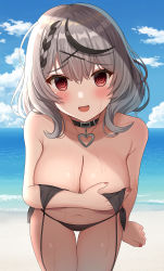 Rule 34 | 1girl, :d, @ @, absurdres, arm at side, bare arms, bare shoulders, beach, bikini, black bikini, black hair, blush, braid, breasts, cleavage, covering privates, covering breasts, cowboy shot, day, fang, frilled bikini, frills, grey hair, hair ornament, halterneck, hand up, highres, hisui (user zvkr2432), hololive, large breasts, looking at viewer, multicolored hair, open mouth, outdoors, parted lips, red eyes, sakamata chloe, short hair, side-tie bikini bottom, smile, solo, streaked hair, sunlight, swimsuit, thigh gap, thighs, untied bikini, virtual youtuber, water, wet, x hair ornament