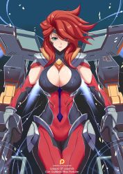 Rule 34 | 1girl, armor, bodysuit, breasts, cleavage, cleavage cutout, clothing cutout, eyes visible through hair, green eyes, gun goddess miss fortune, hair over one eye, highres, huge breasts, league of legends, miss fortune (league of legends), power armor, red hair, tagme, torahime (roland00)