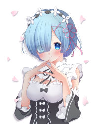 Rule 34 | 1girl, aimaru (ai 12b15), bare shoulders, black bow, blue eyes, blue hair, blush, bow, breasts, cleavage, closed mouth, commentary, detached sleeves, dress, fingers together, flower knot, frilled sleeves, frills, hair ornament, hair over one eye, hair ribbon, hands up, highres, looking at viewer, maid, maid headdress, medium breasts, petals, pink ribbon, re:zero kara hajimeru isekai seikatsu, rem (re:zero), ribbon, ribbon trim, roswaal mansion maid uniform, short hair, simple background, smile, solo, upper body, white background, x hair ornament
