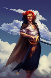 Rule 34 | 1boy, amputee, blue sky, cloud, jacket on shoulder, lordofthepies, male focus, one piece, red hair, scar, shanks (one piece), shirt, sky, solo, sword, weapon, white shirt