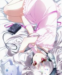 Rule 34 | 10s, absolute duo, bed, cassette player, headphones, highres, long hair, nightgown, red eyes, screencap, silver hair, stuffed animal, stuffed toy, yurie sigtuna