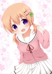Rule 34 | 1girl, :d, alternate hairstyle, bad id, bad pixiv id, blush, brown hair, commentary request, eyebrows, floral background, flower, gochuumon wa usagi desu ka?, hair between eyes, hair flower, hair ornament, hairclip, hand up, head tilt, hoto cocoa, hoto cocoa&#039;s school uniform, leaning to the side, long hair, looking at viewer, low twintails, open mouth, pink shirt, pleated skirt, purple eyes, red ribbon, ribbon, school uniform, shirt, sidelocks, siousay, skirt, smile, solo, twintails, white skirt