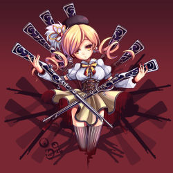 Rule 34 | 10s, 1girl, bad id, bad pixiv id, beret, blonde hair, brown thighhighs, corset, detached sleeves, drill hair, gradient background, gun, hair ornament, hairpin, hat, madoka runes, magical girl, magical musket, mahou shoujo madoka magica, mahou shoujo madoka magica (anime), musket, nail polish, pleated skirt, puffy sleeves, red background, ribbon, rifle, shadow, shirt, shiruta, simple background, skirt, solo, striped clothes, striped thighhighs, taut clothes, taut shirt, thighhighs, tomoe mami, twin drills, twintails, vertical-striped clothes, vertical-striped thighhighs, weapon, wkdr, yellow eyes, zettai ryouiki