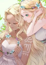 2girls blonde_hair blue_flower braid closed_eyes commentary_request dark-skinned_female dark_skin dress eyelashes facial_mark flower flower_wreath green_eyes hair_intakes head_wreath holding holding_wreath long_hair multiple_girls nintendo open_mouth pointy_ears princess_zelda seri_(yuukasakura) smile sonia_(zelda) strapless strapless_dress the_legend_of_zelda the_legend_of_zelda:_tears_of_the_kingdom white_dress