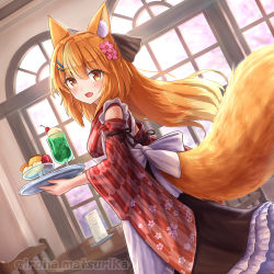 Rule 34 | 1girl, animal ear fluff, animal ears, apron, black skirt, blush, brown eyes, chair, commentary request, detached sleeves, floral print, flower, fox ears, fox girl, fox tail, frilled skirt, frills, hair between eyes, hair flower, hair ornament, hairclip, highres, holding, holding tray, indoors, iroha (iroha matsurika), japanese clothes, kimono, long hair, long sleeves, looking at viewer, looking to the side, maid, melon soda, open mouth, orange hair, original, pink flower, print kimono, print sleeves, skirt, sleeveless, sleeveless kimono, solo, table, tail, tray, twitter username, very long hair, wa maid, white apron, wide sleeves, window, yagasuri