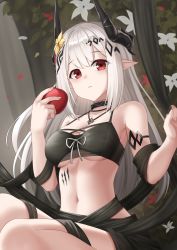 Rule 34 | 1girl, arknights, armlet, bare shoulders, bikini, black bikini, black ribbon, breasts, bush, cleavage, collar, collarbone, commentary, english commentary, flower, food, fruit, hair flower, hair ornament, highres, holding, holding food, holding fruit, horns, infection monitor (arknights), jewelry, kurisu-kun, looking at viewer, material growth, medium breasts, mudrock (arknights), mudrock (silent night) (arknights), navel, necklace, official alternate costume, oripathy lesion (arknights), parted lips, pointy ears, red eyes, ribbon, sitting, smile, solo, stomach, swimsuit, underboob, yellow flower
