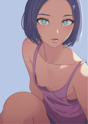 Rule 34 | 1girl, bare shoulders, blue background, blue eyes, blue hair, bob cut, breasts, close-up, collarbone, covered erect nipples, dark blue hair, downblouse, forehead, highres, knee up, lips, looking at viewer, mebae, mole, mole under mouth, nipple slip, nipples, no bra, open mouth, original, parted lips, pink shirt, shirt, short hair, short shorts, shorts, simple background, sleeveless, small breasts, solo, tank top