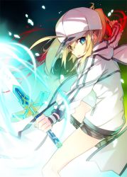 Rule 34 | 1girl, artoria pendragon (fate), baseball cap, blonde hair, boots, cross-laced footwear, dual wielding, fate/grand order, fate (series), green eyes, hat, holding, hood, hoodie, jianmo sl, lace-up boots, looking at viewer, mysterious heroine x (fate), rojiura satsuki : chapter heroine sanctuary, saber (fate), short hair, shorts, solo, sword, ultra heroine z (fate), weapon