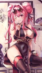 Rule 34 | 1girl, azur lane, bare shoulders, black dress, black thighhighs, breasts, bremerton (azur lane), bremerton (kung fu cruiser) (azur lane), china dress, chinese clothes, cleavage, covered navel, double bun, dress, eyewear on head, finger to mouth, grin, hair bun, hair intakes, highres, index finger raised, large breasts, long hair, looking at viewer, mole, mole on breast, mole under eye, no panties, official alternate costume, one eye closed, panipo, pelvic curtain, pink eyes, pink hair, round eyewear, shushing, sitting, skindentation, sleeveless, sleeveless dress, smile, solo, sunglasses, thighhighs, thighs, twintails