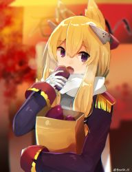 Rule 34 | 1girl, :o, azur lane, bag, blonde hair, blurry, blurry background, bokeh, commentary request, depth of field, epaulettes, fang, food, gloves, hair between eyes, hair ears, hand up, headgear, highres, holding, holding food, long hair, long sleeves, looking at viewer, open mouth, purple eyes, roasted sweet potato, scarf, shopping bag, solo, sweet potato, thousa 01, twitter username, uniform, upper body, warspite (azur lane), white gloves, white scarf