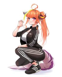 Rule 34 | 1girl, absurdres, adidas, ahoge, alternate costume, alternate hairstyle, archist2357, black footwear, black jacket, black pants, blonde hair, blunt bangs, blush, bow, brand name imitation, breasts, casual, claw pose, cleavage, closed mouth, commentary, cross-laced footwear, diagonal-striped bow, dragon horns, dragon tail, english commentary, full body, hairband, highres, hololive, horn bow, horn ornament, horns, jacket, kiryu coco, large breasts, long hair, looking at viewer, multicolored hair, open clothes, open jacket, orange hair, pants, pointy ears, ponytail, purple eyes, shirt, shoes, simple background, smile, sneakers, solo, squatting, streaked hair, striped, tail, two-tone hair, vertical stripes, virtual youtuber, white background, white shirt