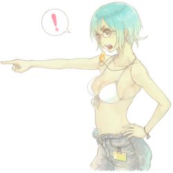 Rule 34 | !, 1girl, bikini, bikini top only, blue hair, breasts, cleavage, denim, front-tie top, glasses, gradient hair, hand on own hip, multicolored hair, navel, open fly, pointing, short hair, shu-mai, simple background, solo, swimsuit, unzipped, whistle, white background, white bikini, wristband