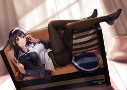 Rule 34 | 1girl, absurdres, artist name, black footwear, black hair, black jacket, black skirt, blush, breasts, brown eyes, closed mouth, commentary request, couch, curtains, cushion, full body, hairband, highres, index finger raised, indoors, jacket, kasumigaoka utaha, large breasts, legs, loafers, long hair, long sleeves, looking at viewer, lying, mr.blackcat666, on back, on couch, open clothes, open jacket, panties, panties under pantyhose, pantyhose, pleated skirt, saenai heroine no sodatekata, sailor collar, school uniform, serafuku, shirt, shoes, skirt, unworn skirt, smile, solo, thighband pantyhose, underwear, white hairband, white panties, white sailor collar, white shirt