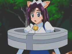 Rule 34 | animal ears, animated, animated gif, bell, black eyes, blush, breasts, cat ears, elbow gloves, gloves, hairband, large breasts, long hair, maid, marchen awakens romance, open mouth, outdoors, purple hair, screencap, solo, tree