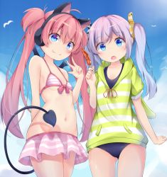 Rule 34 | 2girls, :o, animal ear headphones, animal ears, bare arms, bare shoulders, bat wings, beatmania, beatmania iidx, bemani, bikini, bikini skirt, bikini top only, blue one-piece swimsuit, blue sky, blush, breasts, cat ear headphones, cat ears, character request, closed mouth, cloud, collarbone, commentary request, cowboy shot, day, demon tail, fake animal ears, fang, fang out, food, groin, hair between eyes, hair ornament, halterneck, headphones, holding, holding food, hood, hoodie, hot dog, kyuukon (qkonsan), looking at viewer, mini wings, multiple girls, nagisa (bemani), navel, one-piece swimsuit, outdoors, parted lips, pink hair, short sleeves, sidelocks, sky, small breasts, smile, striped bikini, striped bikini top, striped clothes, striped hoodie, swimsuit, swimsuit under clothes, tail, twintails, v, wings