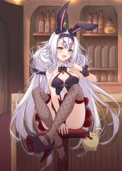 Rule 34 | 1girl, :d, absurdres, alternate breast size, animal ears, azur lane, bar (place), bar stool, between legs, black bow, black bowtie, black hairband, blush, bow, bowtie, breast rest, breasts, crop top, crossed ankles, detached collar, eyeshadow, fishnet thighhighs, fishnets, full body, hair between eyes, hairband, hand between legs, hand to own mouth, hand up, happy, high heels, highres, indoors, knees apart feet together, knees up, legs, legs up, long hair, looking at viewer, makeup, medium breasts, messy hair, mikuchi3939, miniskirt, on stool, open mouth, pleated skirt, rabbit ears, red eyeshadow, revealing clothes, shimakaze (azur lane), shimakaze (world&#039;s speediest bunny waitress) (azur lane), skirt, sleeveless, smile, solo, stool, teeth, thighhighs, thighs, twintails, upper teeth only, very long hair, white hair, yellow eyes