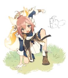 Rule 34 | 1girl, animal, apron, blue dress, brown eyes, brown footwear, brown hair, cowlick, dress, fire emblem, fire emblem heroes, full body, gloves, grass, hand on ground, highres, looking at viewer, nintendo, on grass, on one knee, open mouth, ratatoskr (fire emblem), squirrel, squirrel girl, squirrel tail, sweatdrop, tail, tugo, white apron, white gloves