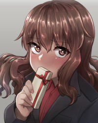 Rule 34 | 1girl, black jacket, blouse, blush, box, brown eyes, covering own mouth, fernandia malvezzi, gift, gift box, grey background, hair between eyes, highres, jacket, liar lawyer, looking at viewer, medium hair, red shirt, shirt, solo, strike witches, valentine, wavy hair, world witches series