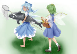 Rule 34 | 2girls, apple, baguette, barefoot, blue dress, blue eyes, blue hair, blush, bottle, bow, bread, butterfly net, cirno, clenched hand, daiyousei, dress, fairy wings, food, from behind, fruit, full body, fuwatoro (enemy-of-society), gradient background, grapes, grass, green hair, grey background, grin, hair bow, hair ribbon, hand net, inflatable orca, inflatable toy, loafers, looking at another, looking back, multiple girls, pear, picnic basket, puffy short sleeves, puffy sleeves, ribbon, shoes, short hair, short sleeves, side ponytail, simple background, smile, socks, standing, tan, tanned cirno, touhou, walking, white legwear, wine bottle, wings