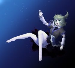 Rule 34 | 1girl, arm warmers, bad id, bad pixiv id, bare legs, barefoot, blonde hair, green eyes, isaki (gomi), mizuhashi parsee, open mouth, pointy ears, ponytail, reaching, reaching towards viewer, sash, scarf, shirt, short sleeves, skirt, solo, touhou, underwater