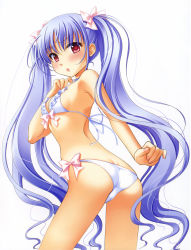Rule 34 | 1girl, :o, ass, bare shoulders, bikini, blue hair, blush, bow, breasts, butt crack, cameltoe, cleavage, dimples of venus, fingernails, frilled bikini, frills, front-tie top, ginta, hair bow, highres, hiiragi ginga, long hair, looking at viewer, looking back, open mouth, red eyes, side-tie bikini bottom, small breasts, solo, sugar+spice!, sugar+spice 2, sugar + spice, sugar + spice 2, swimsuit, twintails, very long hair, white bikini