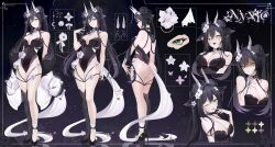 Rule 34 | 1girl, artist request, ass, asymmetrical legwear, back, bare shoulders, black dress, black hair, breasts, character sheet, dress, expressions, full body, green eyes, hair bun, heels, horns, large breasts, multiple views, nyxiena (vtuber), one eye closed, open mouth, serious, smile, tail, tongue, tongue out, turnaround, virtual youtuber
