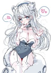 Rule 34 | 1girl, absurdres, animal ear fluff, animal ears, bare shoulders, beret, blush, breasts, cleavage, closed mouth, collarbone, commentary request, covered navel, fur-trimmed leotard, fur trim, garter straps, grey eyes, grey hair, grey leotard, hat, heart, highres, large breasts, leopard ears, leopard girl, leopard tail, leotard, long hair, looking at viewer, nose blush, original, simple background, solo, spoken heart, strapless, strapless leotard, sweat, tail, tandohark, thighhighs, very long hair, white background, white hat, white thighhighs