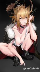 Rule 34 | 1girl, animal ears, arknights, artist name, black background, black choker, black footwear, black jacket, boots, breasts, brown eyes, candy, choker, cleavage, collarbone, commentary, downblouse, english commentary, food, full body, fur-trimmed jacket, fur trim, half-closed eyes, hammer, highres, holding, holding weapon, jacket, large breasts, light brown hair, lion ears, lion girl, lion tail, lollipop, long hair, looking at viewer, mouth hold, no bra, open clothes, open jacket, over shoulder, ponytail, short shorts, shorts, siege (arknights), sledgehammer, solo, squatting, tail, tail ornament, tail ring, tank top, thighs, weapon, weapon over shoulder, white tank top, wuguno ziran juan