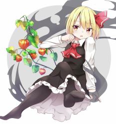Rule 34 | 1girl, arm up, ascot, black pantyhose, black skirt, black vest, blonde hair, blush, chinese lantern (plant), clenched hand, crossed legs, darkness, expressionless, facing viewer, grey background, hair ribbon, highres, iyo (ya na kanji), leaf, leg lift, long sleeves, looking away, no shoes, open mouth, pantyhose, petticoat, plant, red ascot, red eyes, ribbon, rumia, shirt, short hair, simple background, sitting, skirt, solo, touhou, two-tone background, vest, white background, white shirt