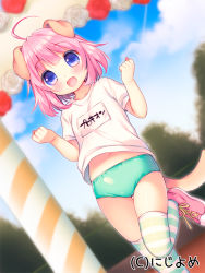Rule 34 | 1girl, :d, animal ears, aqua buruma, blue sky, buruma, clenched hands, cloud, cloudy sky, day, dog ears, dog girl, dog tail, dutch angle, fang, gym shirt, gym uniform, hands up, looking at viewer, midriff peek, name tag, navel, official art, open mouth, outdoors, pink footwear, pink hair, purple eyes, shirt, shoes, short sleeves, sky, smile, sneakers, solo, standing, standing on one leg, striped clothes, striped thighhighs, tail, thighhighs, translation request, usashiro mani, valhalla valkyries, white shirt