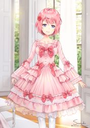 Rule 34 | 1girl, absurdres, artist name, blue eyes, bow, dress, flower, frilled dress, frills, gem, hair flower, hair ornament, highres, indoors, lace, lace-trimmed dress, lace trim, long sleeves, looking at viewer, original, parted lips, pearl (gemstone), pink bow, pink hair, red flower, red rose, rose, short hair, smile, solo, sunako (veera), white legwear, wide sleeves