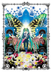 Rule 34 | 1girl, aircraft, airplane, aqua hair, butterfly wings, closed eyes, corioli, female focus, flower, formal, hatsune miku, insect wings, long hair, necktie, saihate (vocaloid), smile, solo, speaker, suit, twintails, very long hair, vocaloid, wings, zebra