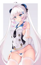 Rule 34 | 1girl, absurdres, azur lane, blue eyes, breasts, clothes lift, hair ornament, hairclip, halsey powell (azur lane), hand on own thigh, highres, lifting own clothes, long hair, looking at viewer, medium breasts, panties, silver hair, simple background, sleeve cuffs, sleeveless, solo, stira, thighhighs, twintails, underwear, white thighhighs