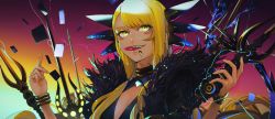 Rule 34 | 1girl, blonde hair, bracelet, breasts, cleavage, electricity, facial mark, fate/grand order, fate (series), fingernails, highres, jewelry, la-na, lip piercing, long hair, piercing, polearm, sharp teeth, solo, spear, teeth, tongue, tongue out, vritra (fate), weapon, yellow eyes