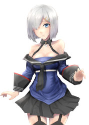 Rule 34 | 1girl, absurdres, black skirt, black thighhighs, blue eyes, blue shirt, bob cut, breasts, cleavage, commentary request, cosplay, cowboy shot, garter straps, hair ornament, hair over one eye, hairclip, hamakaze (kancolle), highres, johnston (kancolle), johnston (kancolle) (cosplay), kantai collection, large breasts, looking at viewer, off shoulder, oregano (olgn eao), pleated skirt, sailor collar, school uniform, serafuku, shirt, short hair, silver hair, skirt, solo, standing, thighhighs, white background