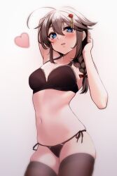 Rule 34 | 1girl, ahoge, arm behind head, black bra, black panties, black thighhighs, blue eyes, blush, bra, braid, breasts, commentary request, gradient background, hair between eyes, hair ornament, hair over shoulder, hairpin, hand up, highres, kantai collection, long bangs, long hair, looking at viewer, navel, nuka (nvkka), open mouth, panties, shigure (kancolle), shigure kai ni (kancolle), side-tie panties, simple background, single braid, skindentation, small breasts, smile, solo, thighhighs, underwear, underwear only