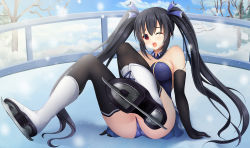 Rule 34 | 1girl, absurdres, alternate costume, black hair, breath, choujigen game neptune, cloud, commission, commissioner upload, cross-laced footwear, elbow gloves, euforia, gloves, gold, highres, ice, ice skates, ice skating, neptune (series), noire (neptunia), one eye closed, red eyes, skates, skating, snow, snowing, solo, tree, twintails