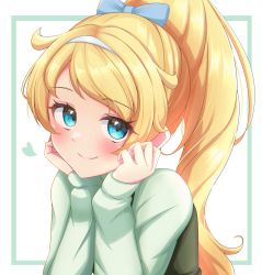 Rule 34 | smile, absurdres, blonde hair, blue bow, blue eyes, blush, bow, closed mouth, eyelashes, flipped hair, hair bow, hairband, hands up, head rest, highres, kiratto pri chan, long hair, long sleeves, looking at viewer, moegi emo, mujin (mujinzairaisen), ponytail, portrait, pretty series, sleeves past wrists, smile, swept bangs, white hairband