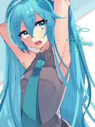 Rule 34 | 1girl, absurdres, bad id, bad pixiv id, blue eyes, blue hair, blue theme, green eyes, grey shirt, hatsune miku, highres, kusunokimizuha, looking at viewer, multicolored eyes, open mouth, shirt, sleeveless, sleeveless shirt, solo, teeth, twintails, upper body, upper teeth only, vocaloid